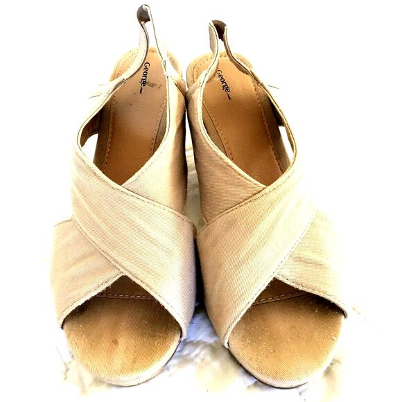 George Espadrille Sandals Cork Heel 9 29 Womens Canvas Wedge Sling Back Summer - Picture 5 of 12